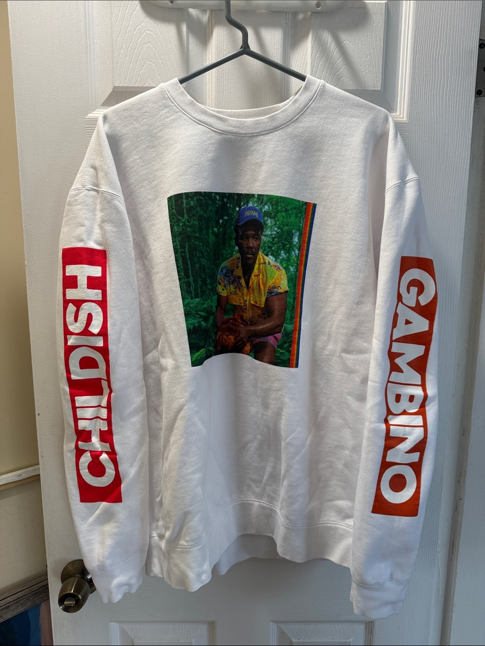 White Graphic Crewneck Sweatshirt with Red Sleeve Text